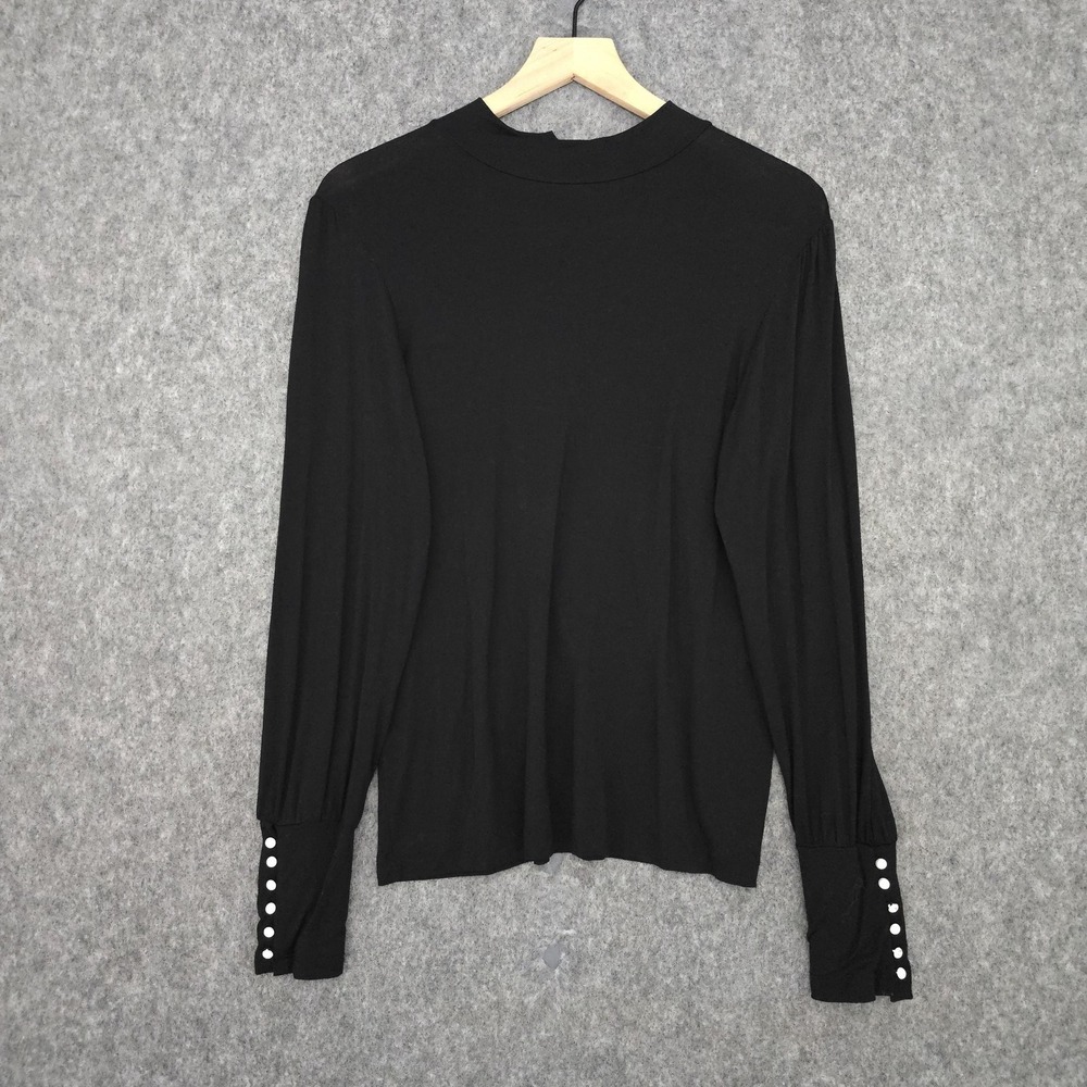 Banana Republic Blouse‎ Womens M Black Mock Neck Rhinestone Buttons Top Jersey